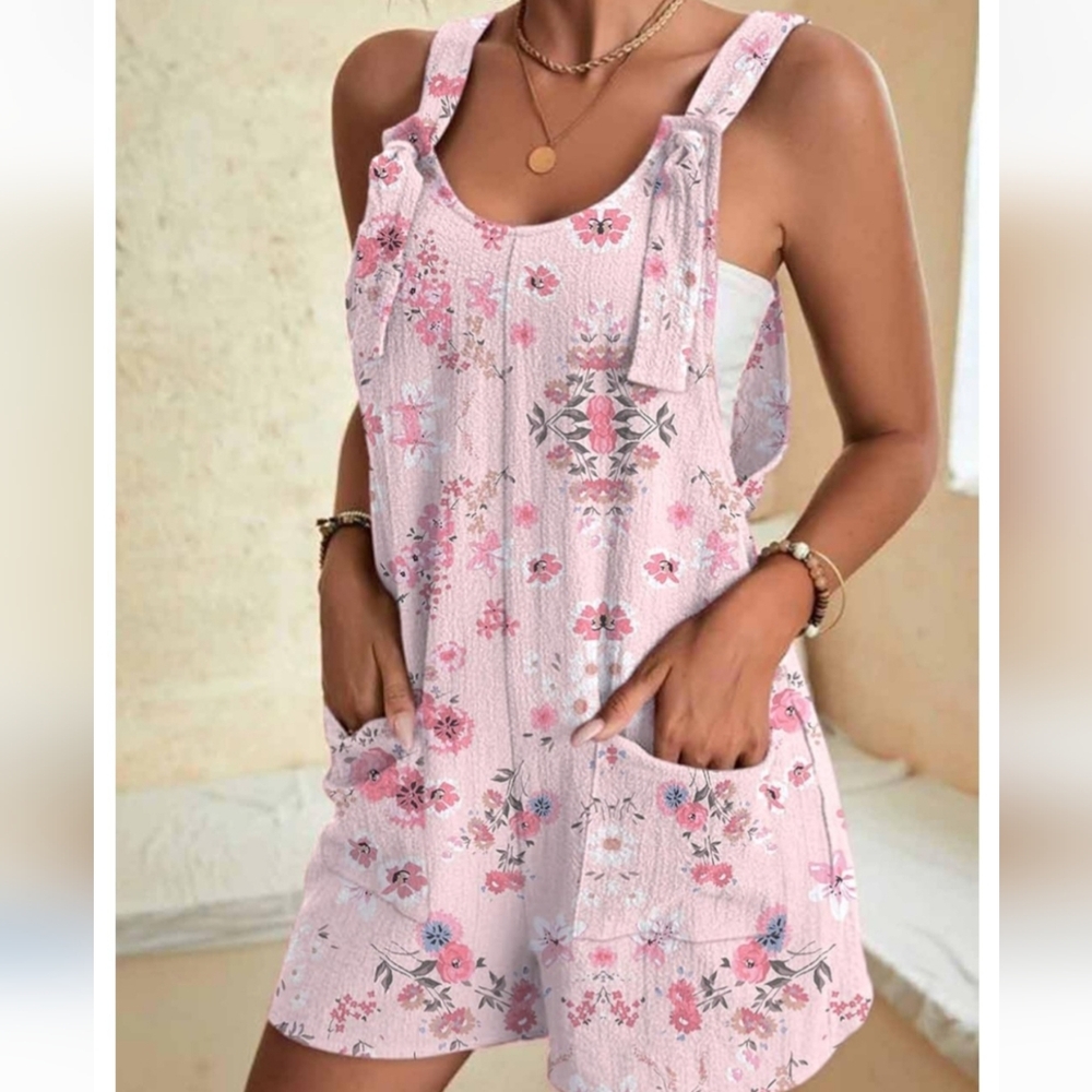 NIP Floral Pink Soft Sleeveless Romper With Pockets